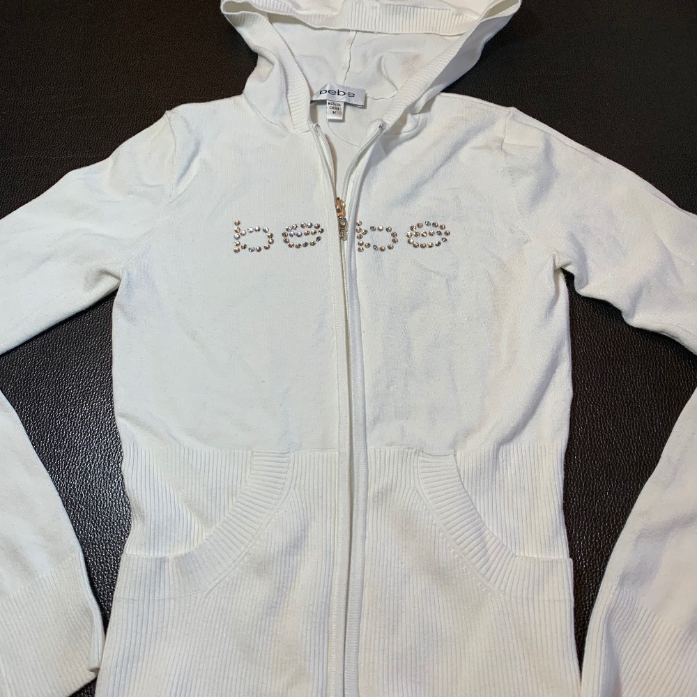 Brand new Bebe White Long Sleeve Sweater Hoodie with Rhinestones (NWOT) - Sz M